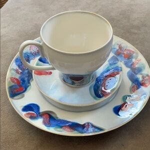 HOST Pick🌟 Modernist Signed Handcrafted Ceramic 𝅺Set (3) Dish, Cup & Saucer